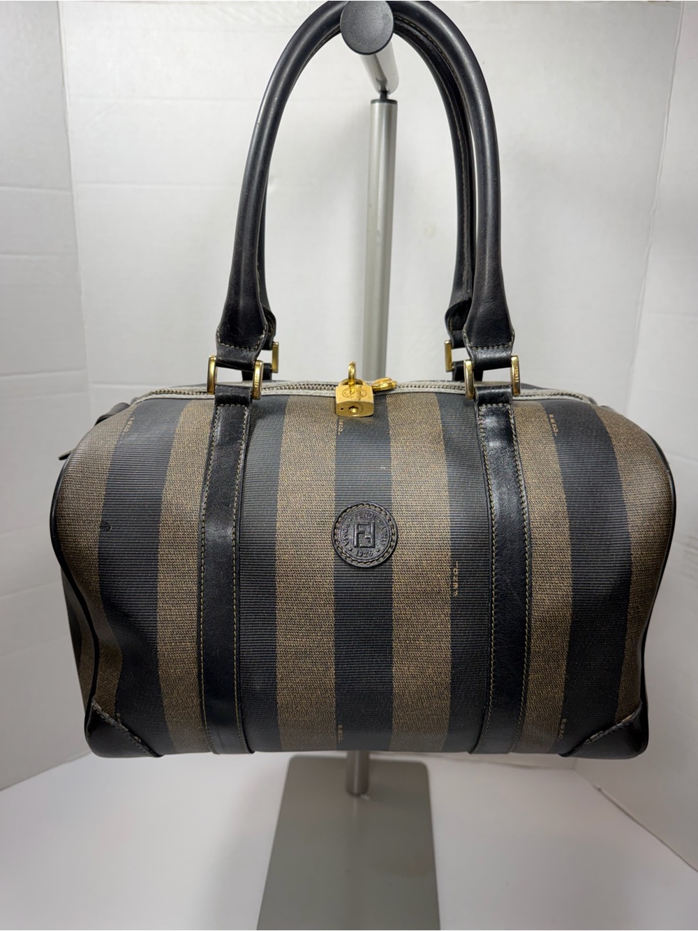 Vintage FENDI Black & Gray Pecan Stripe Speedy/Duffle Style Handbag,Classic 90s